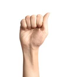 Woman showing A letter on white background, closeup. Sign language