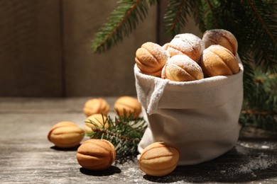 Photo of Delicious nut shaped cookies with powdered sugar near fir branches on wooden table, space for text