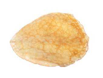Photo of Hot tasty thin pancake on white background