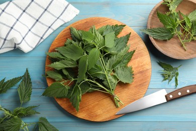 Photo of Fresh stinging nettle leaves on light blue wooden table, flat lay