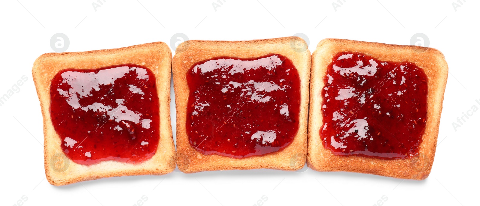 Photo of Delicious crispy toasts with berry jam on white background, top view