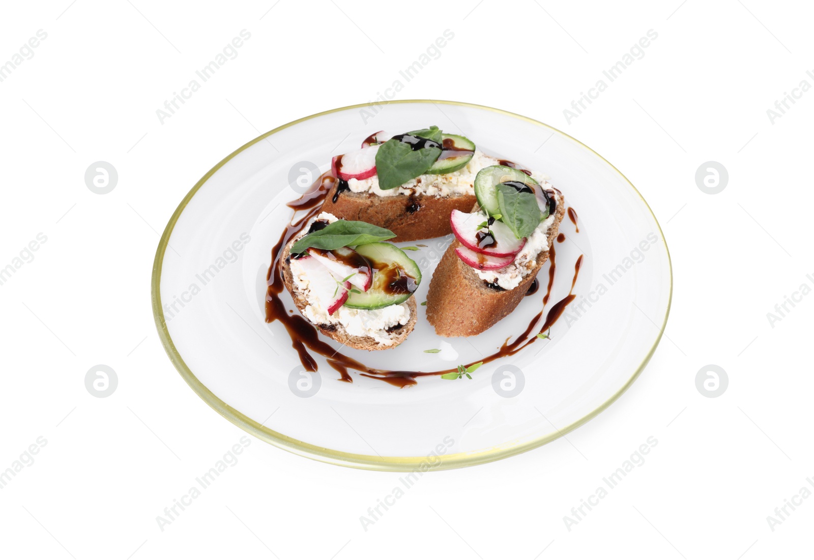 Photo of Delicious bruschettas with cream cheese, vegetables and balsamic vinegar isolated on white