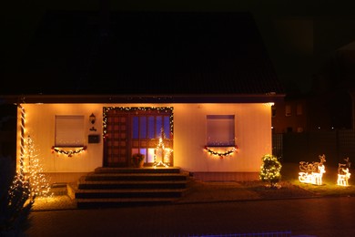 Beautiful house decorated for Christmas. Festive decor