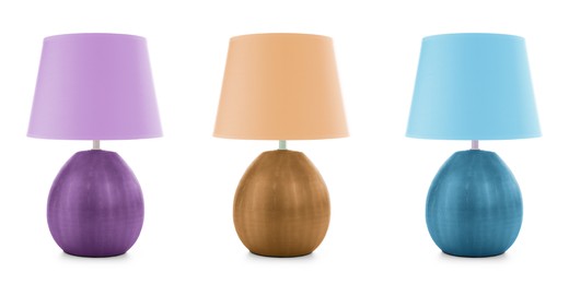 Set with stylish night lamps on white background. Banner design