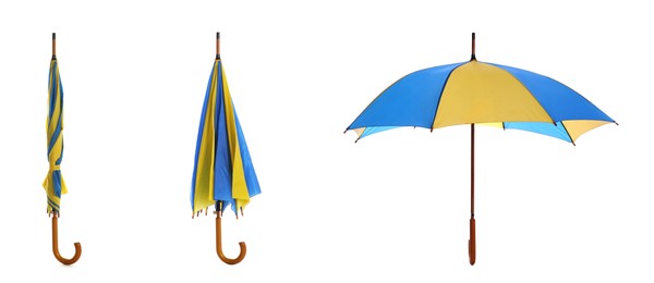 Image of Set with stylish blue and yellow umbrellas on white background. Banner design