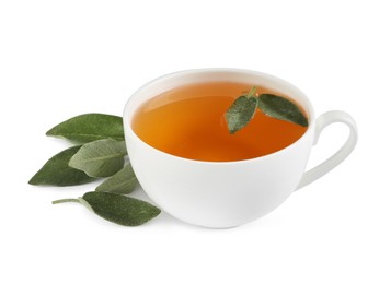 Photo of Cup of aromatic sage tea and fresh leaves on white background