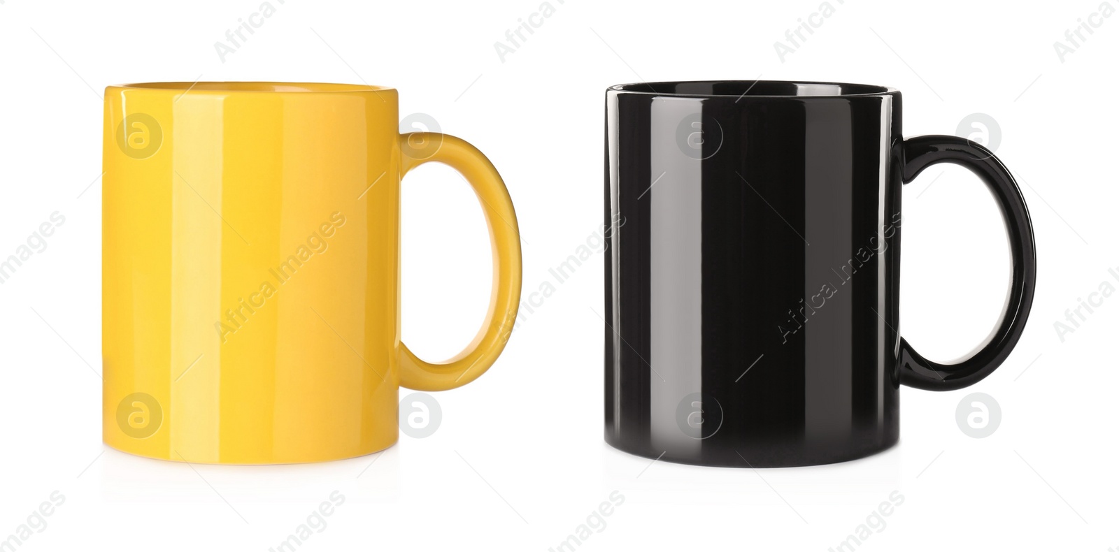 Image of Yellow and black ceramic mugs on white background, collage. Banner design