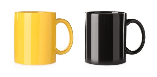 Yellow and black ceramic mugs on white background, collage. Banner design