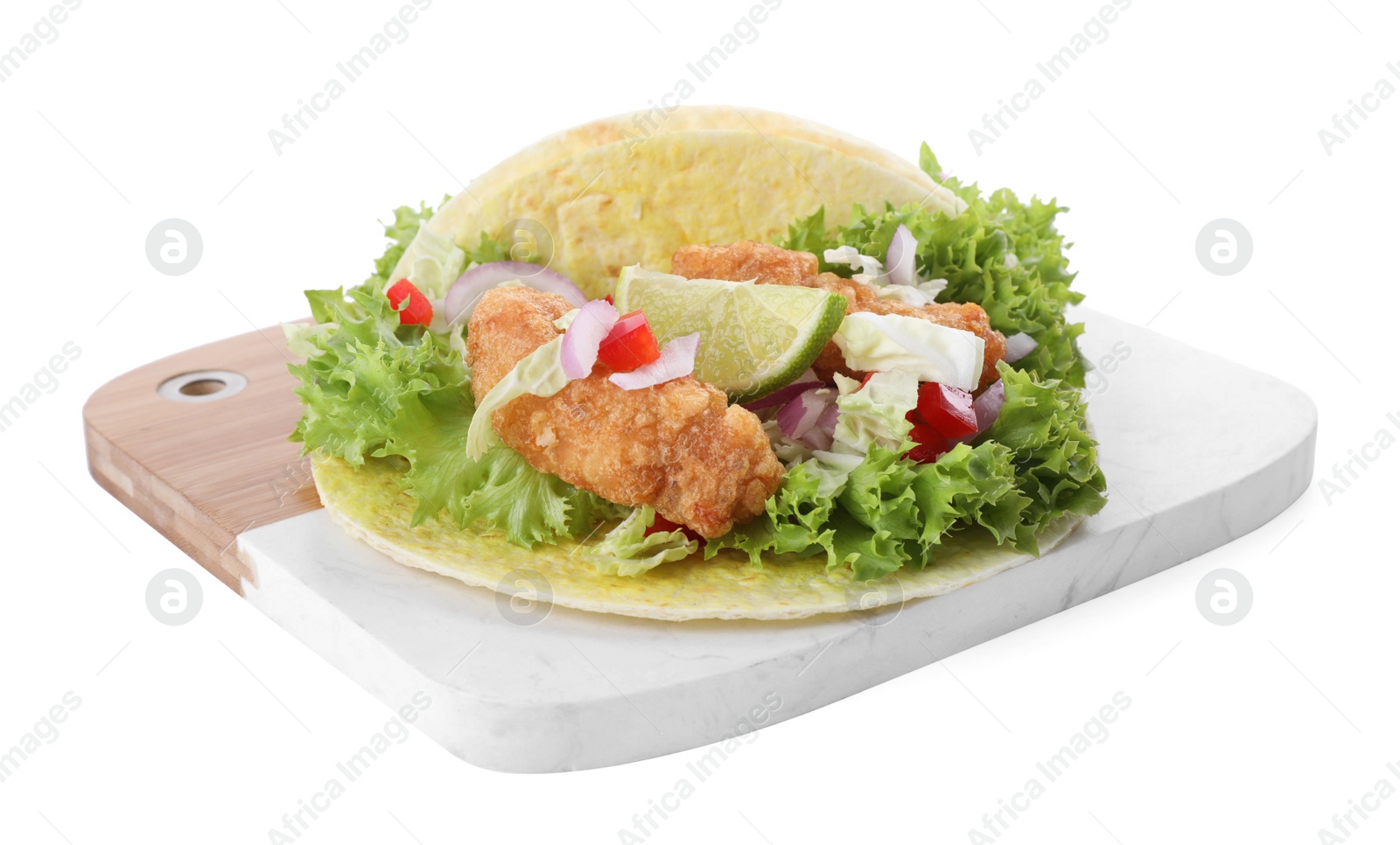 Photo of Delicious fish tacos with lime isolated on white