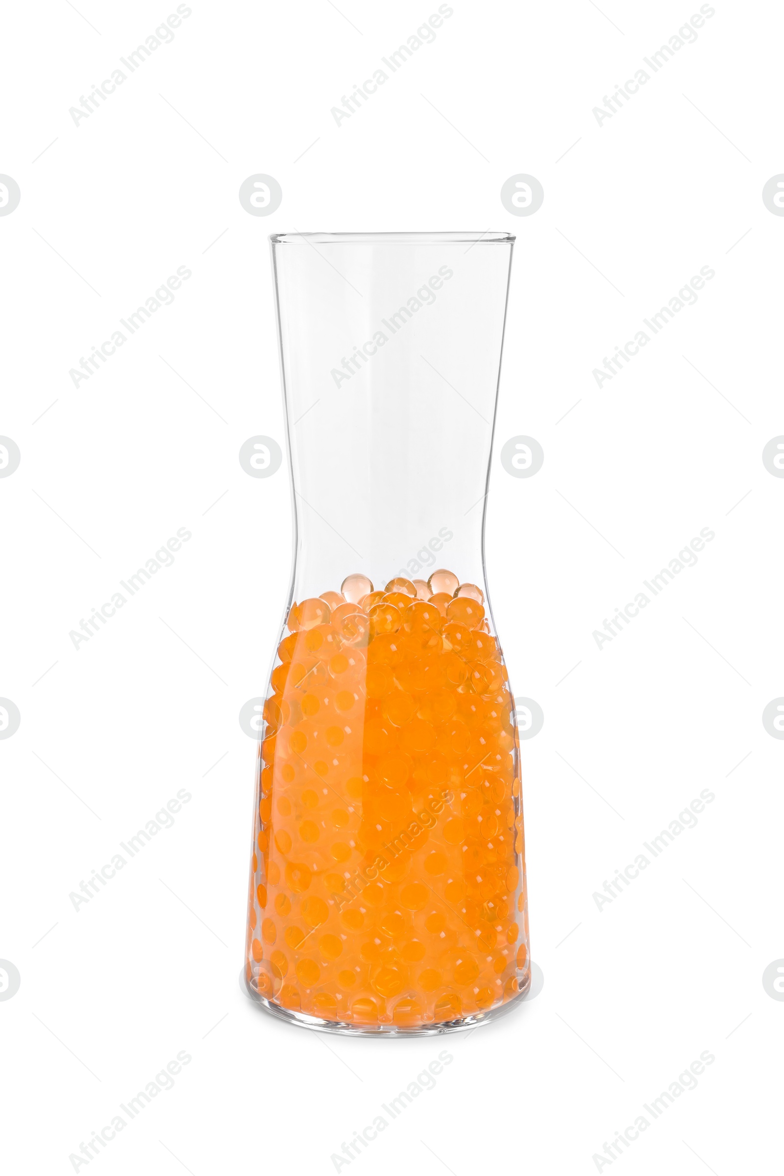 Photo of Orange filler in glass vase isolated on white. Water beads