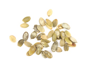 Photo of Raw peeled pumpkin seeds on white background, top view