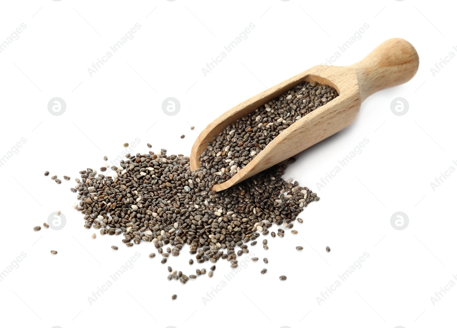 Photo of Wooden scoop and chia seeds on white background