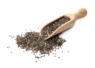 Wooden scoop and chia seeds on white background