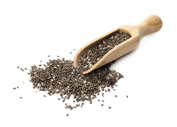 Photo of Wooden scoop and chia seeds on white background