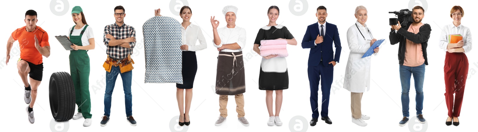 Image of Collage with people of different professions on white background. Banner design