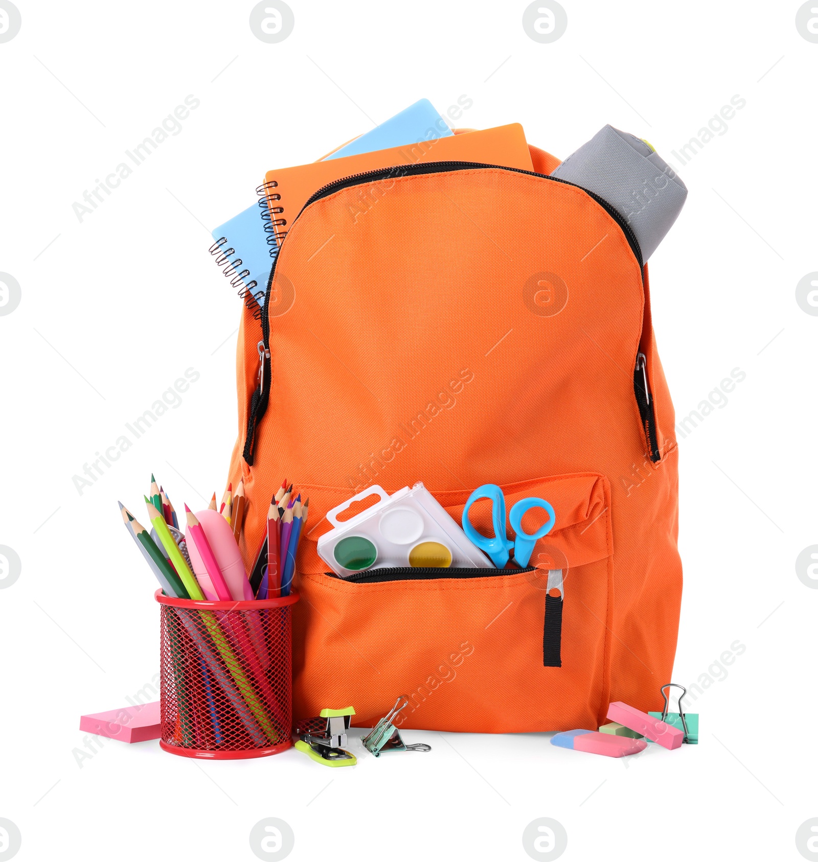 Photo of Stylish backpack with school stationery on white background