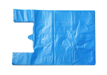 Photo of Stack of light blue plastic bags isolated on white, top view
