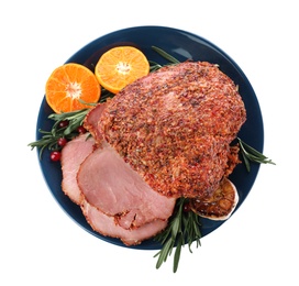 Plate with homemade delicious ham on white background, top view. Festive dinner