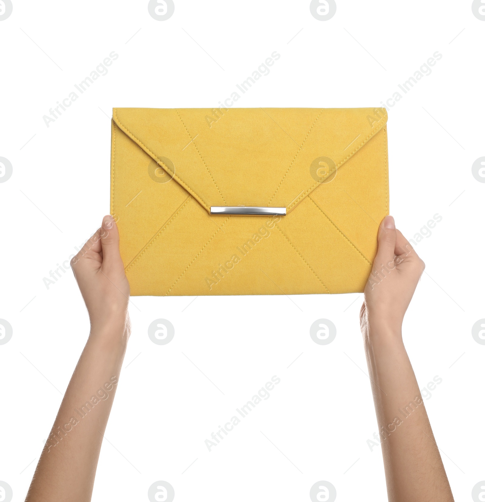 Photo of Woman holding stylish envelope bag on white background, closeup