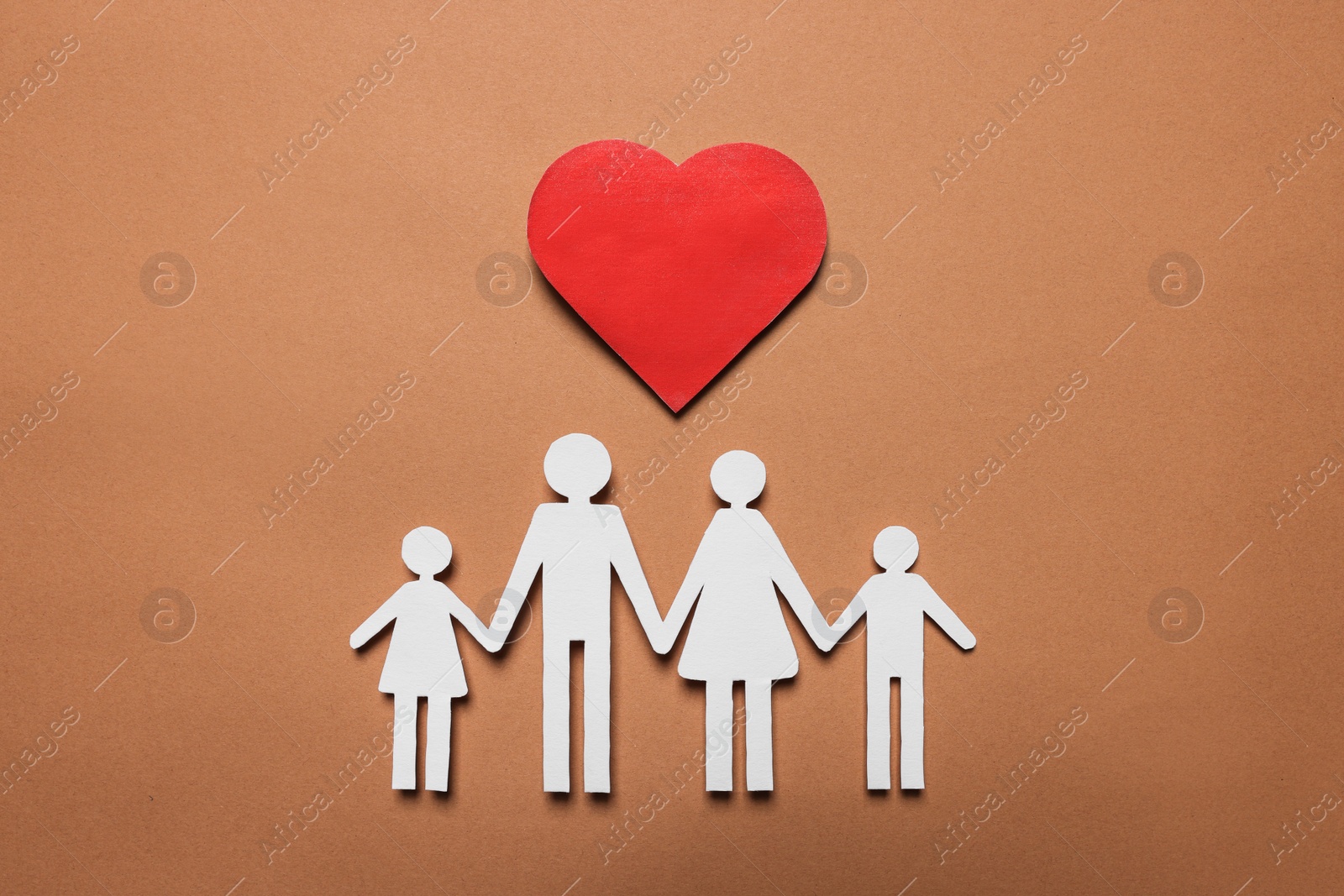 Photo of Paper family figures and red heart on brown background, flat lay. Insurance concept