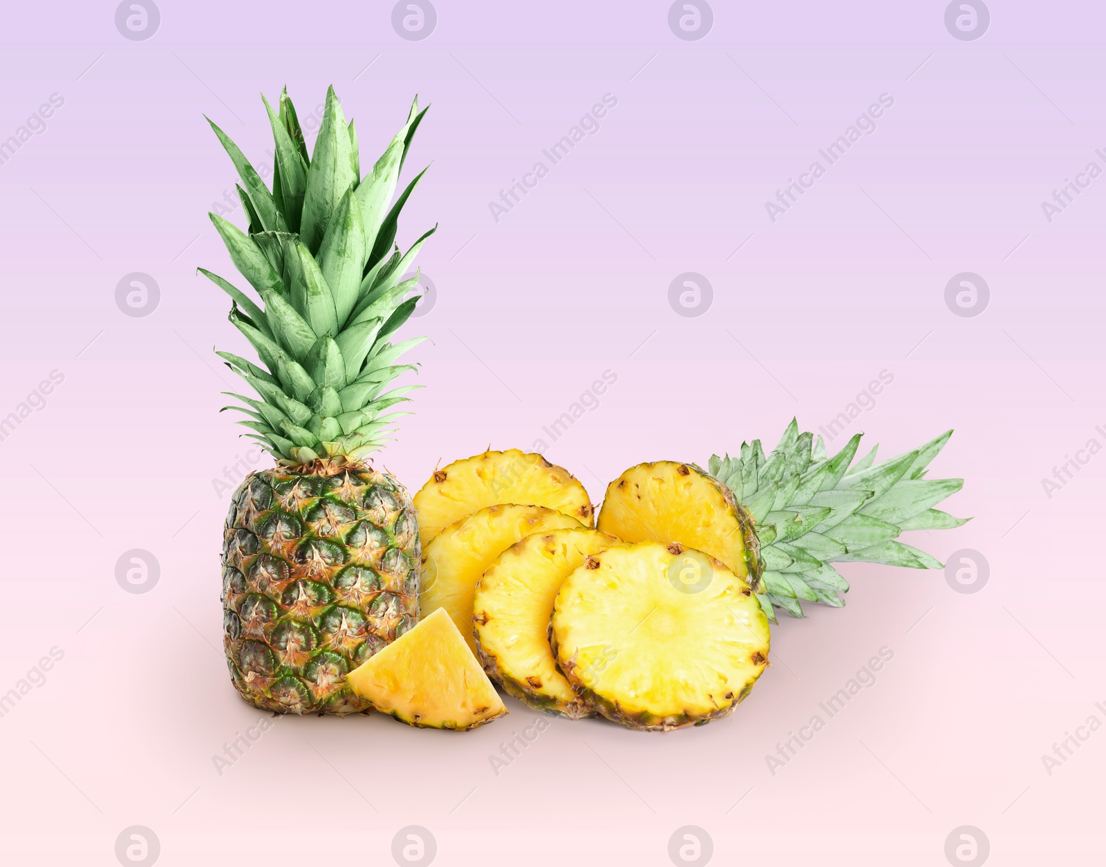 Image of Cut and whole pineapples color gradient background