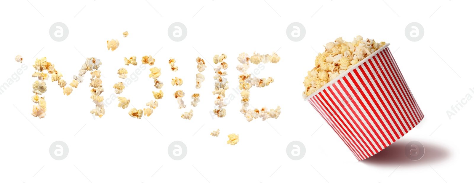 Image of Word Movie made of popcorn and bucket of puffed kernels on white background