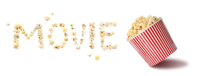 Image of Word Movie made of popcorn and bucket of puffed kernels on white background