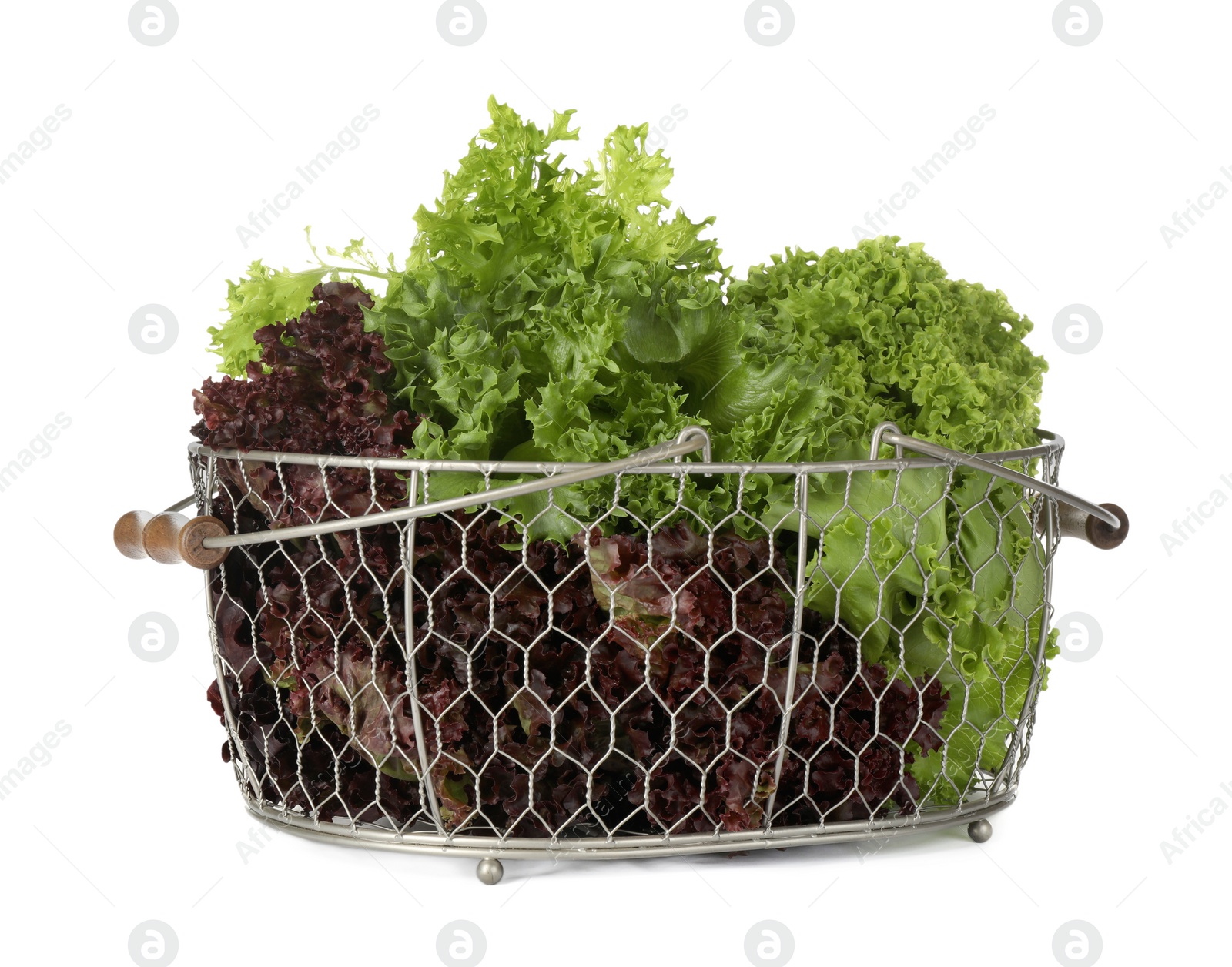 Photo of Basket with different sorts of lettuce on white background