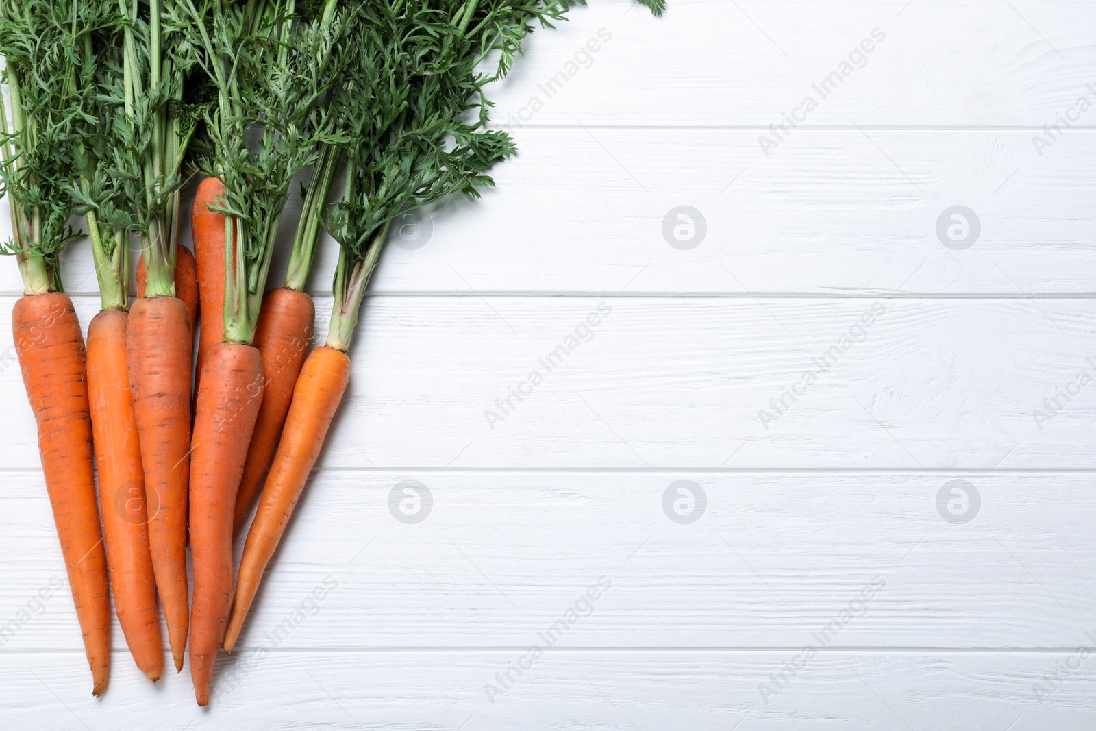 Photo of Ripe carrots on white wooden table, flat lay. Space for text