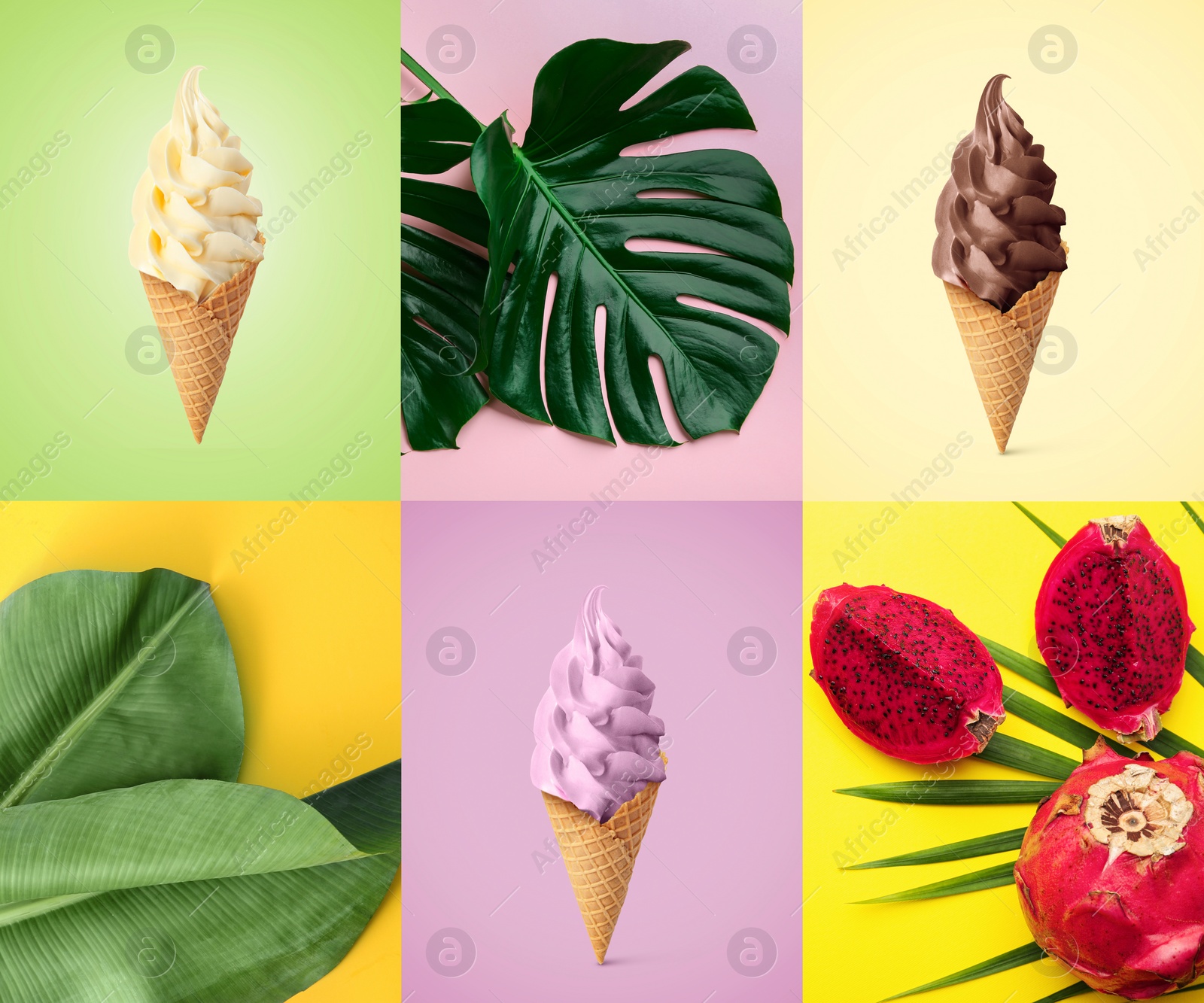 Image of Summer vibes. Collage with ice cream, tropical leaves and fruit