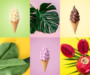 Summer vibes. Collage with ice cream, tropical leaves and fruit