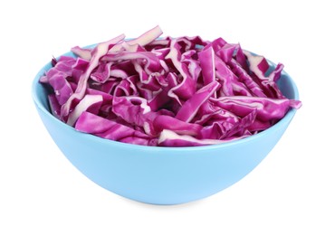 Photo of Bowl with shredded fresh red cabbage isolated on white
