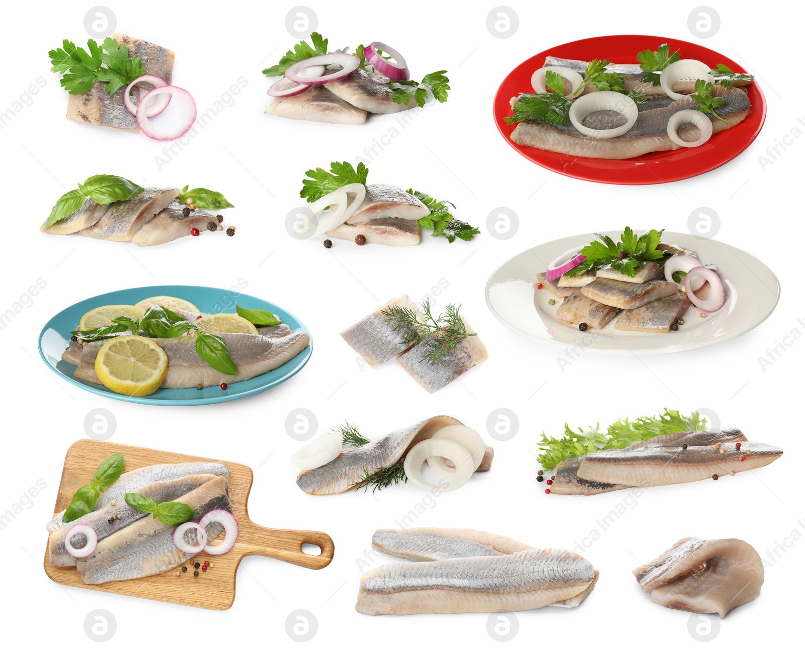 Image of Set with delicious salted herring fillets on white background