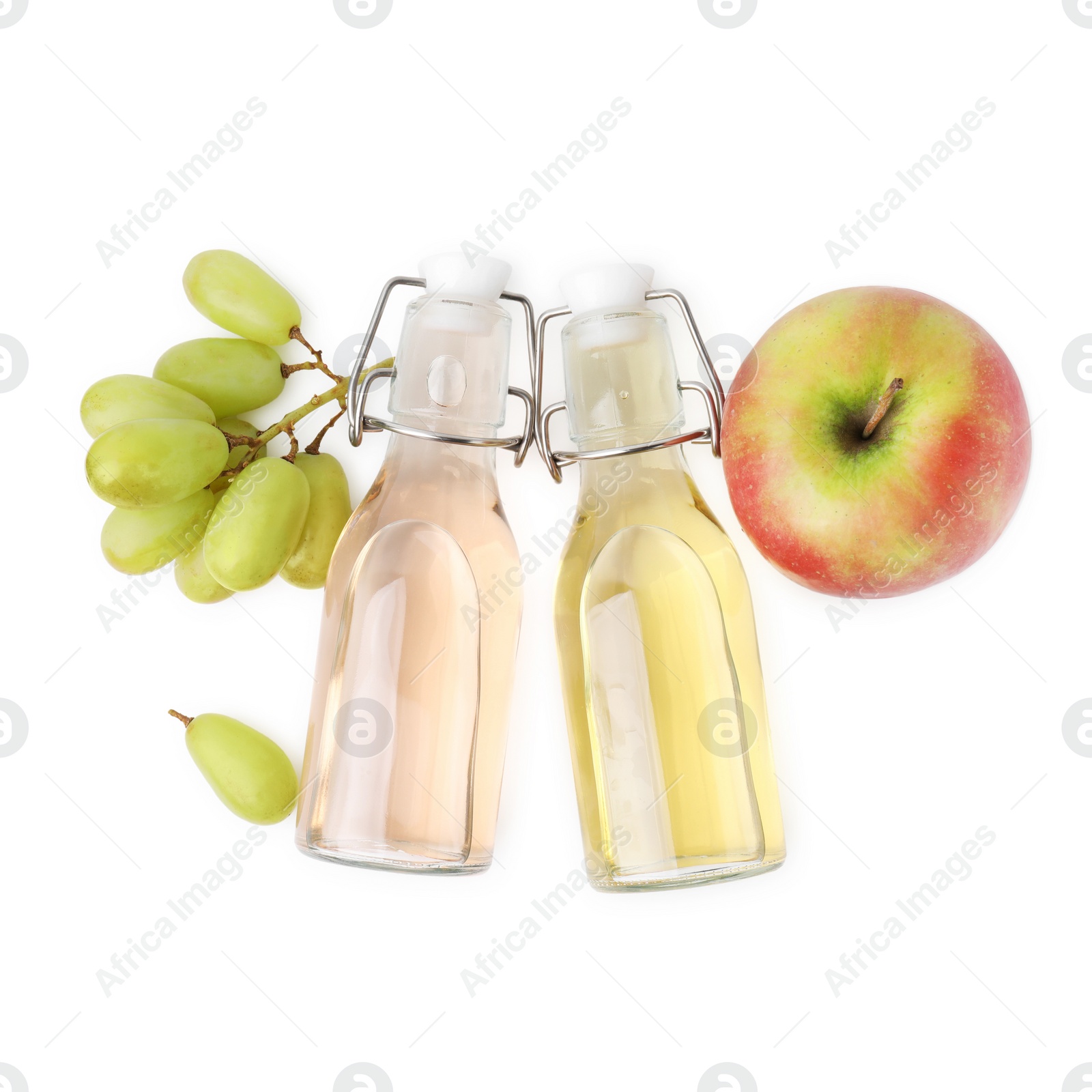 Photo of Different types of vinegar and ingredients isolated on white, top view