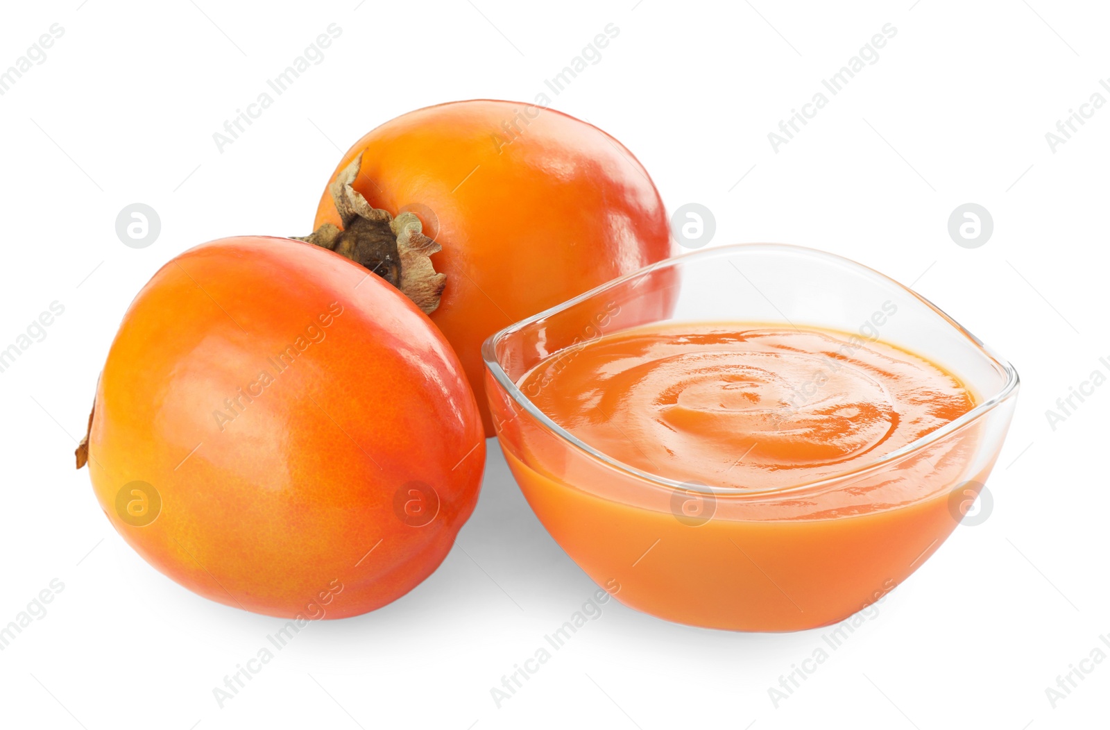 Photo of Delicious persimmon jam and fresh fruits isolated on white