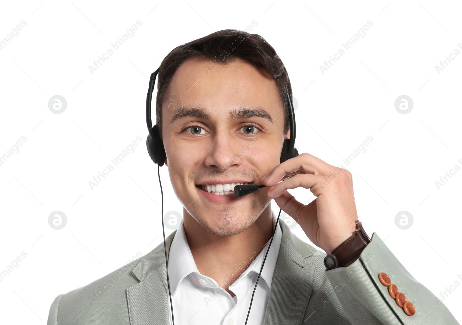 Photo of Technical support operator with headset on white background