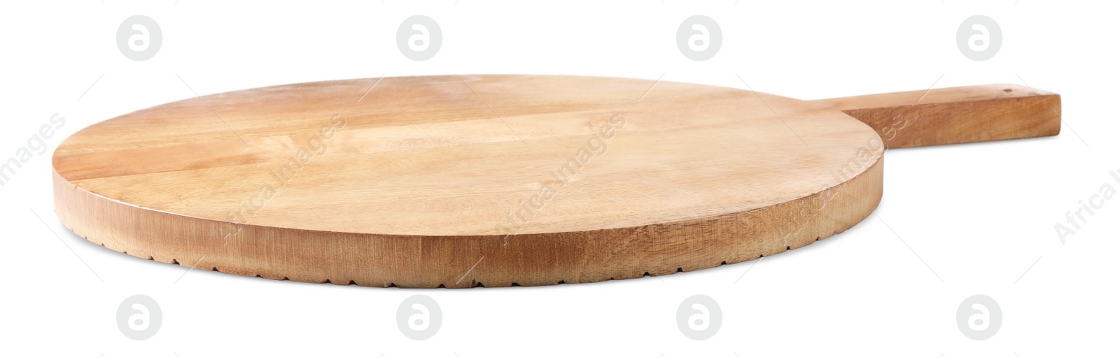 Photo of Wooden cutting board isolated on white. Cooking utensil