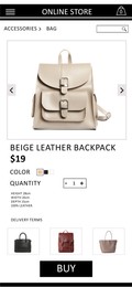 Online store website page with leather backpack and information. Image can be pasted onto smartphone screen