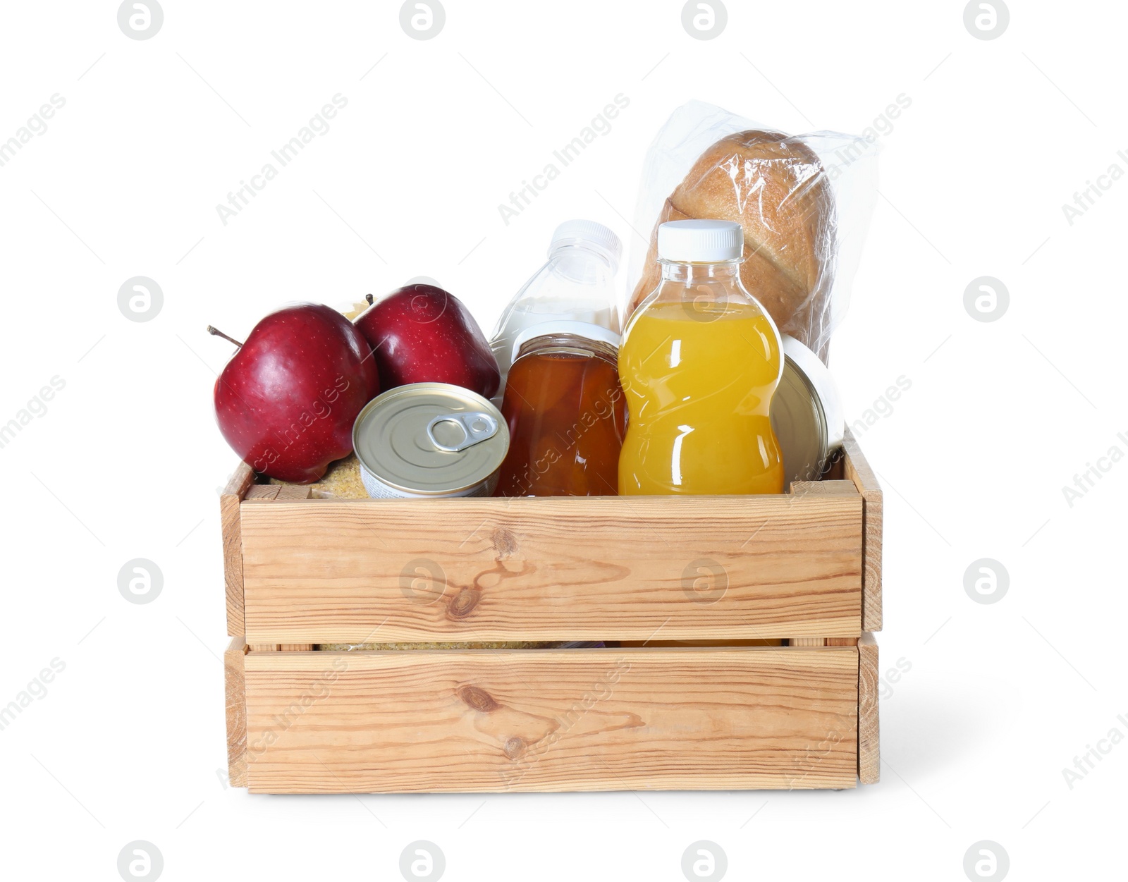 Photo of Donation box with food products isolated on white