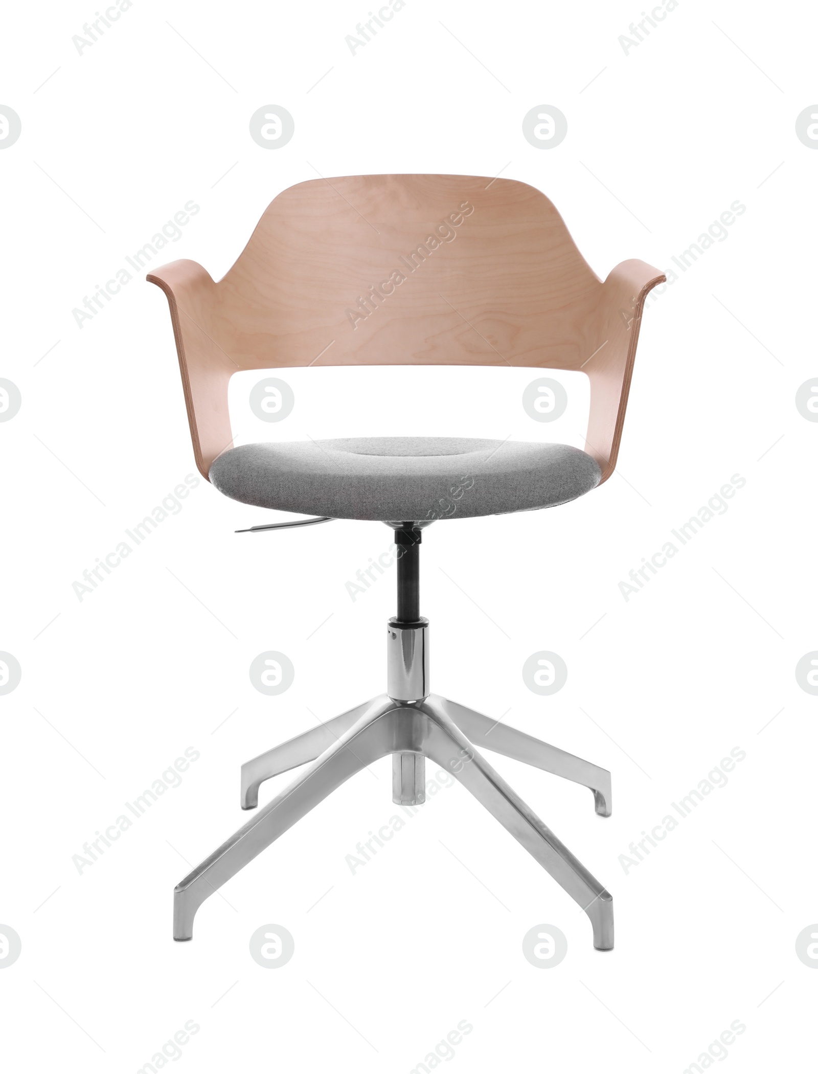 Photo of Comfortable office chair with wooden back isolated on white