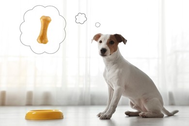 Image of Cute Jack Russell Terrier near feeding bowl dreaming about tasty treat indoors. Thought cloud with chew bone