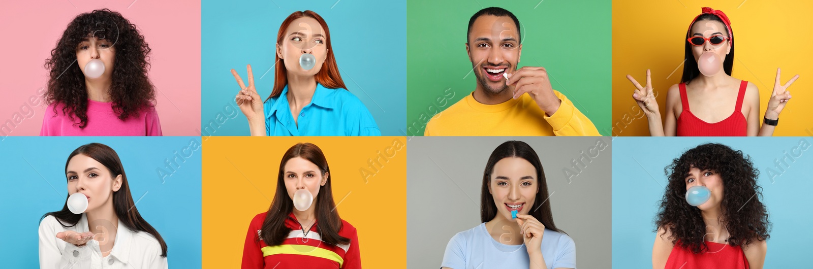 Image of People with bubble gums on color backgrounds, set of photos