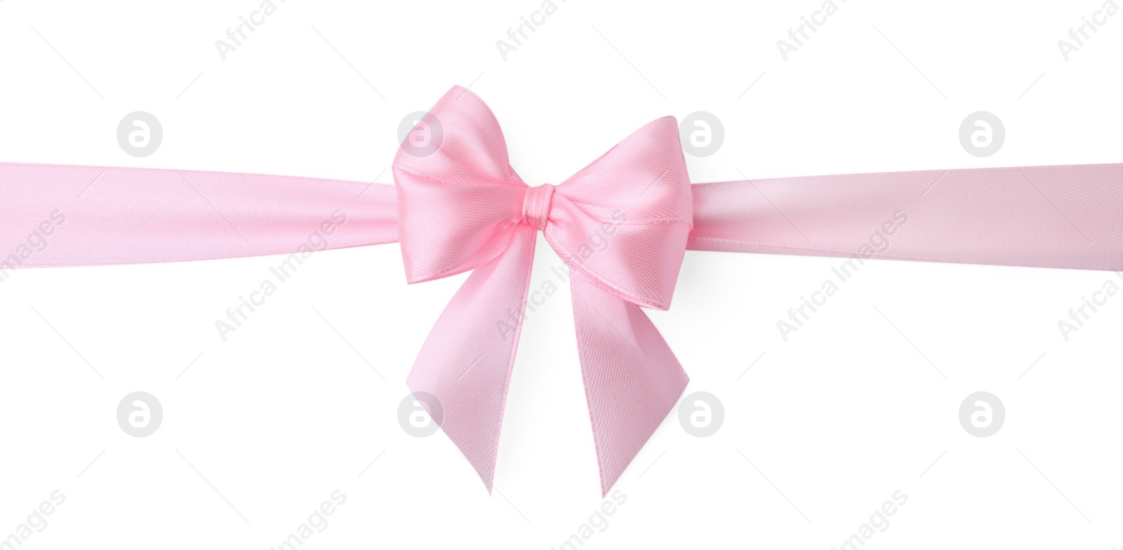 Photo of Pink satin ribbon with bow isolated on white, top view