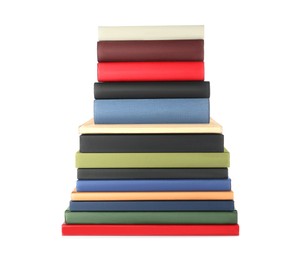 Stack of hardcover books on white background