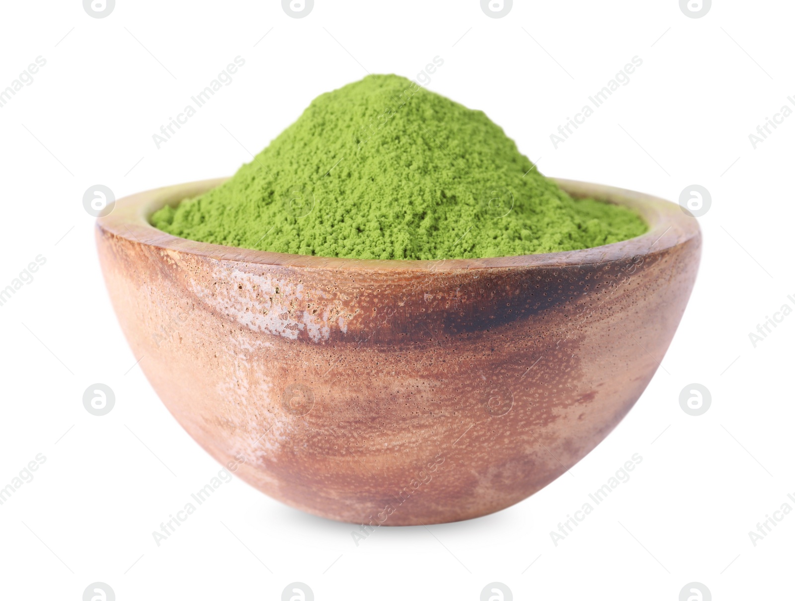 Photo of Bowl of green matcha powder isolated on white