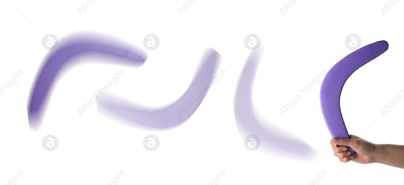 Image of Woman throwing purple boomerang on white background, closeup. Banner design