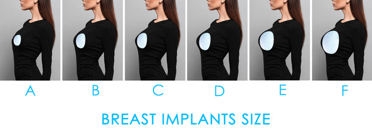 Image of Collage with photos of woman demonstrating different implant sizes for breast on color background, closeup. Banner design 