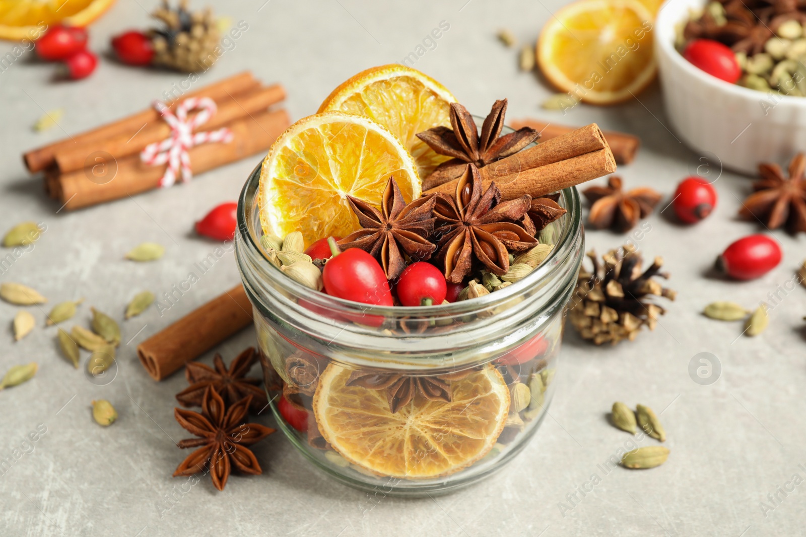 Photo of Aroma potpourri with different spices on white table
