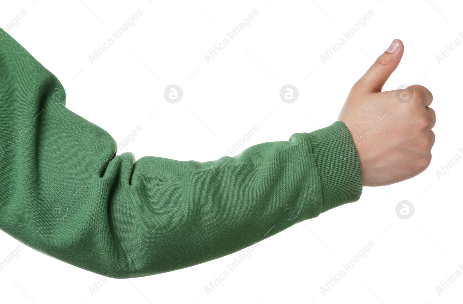 Photo of Man showing thumb up on white background, closeup of hand. Hitchhiking gesture