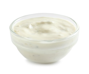 Delicious sauce in bowl on white background